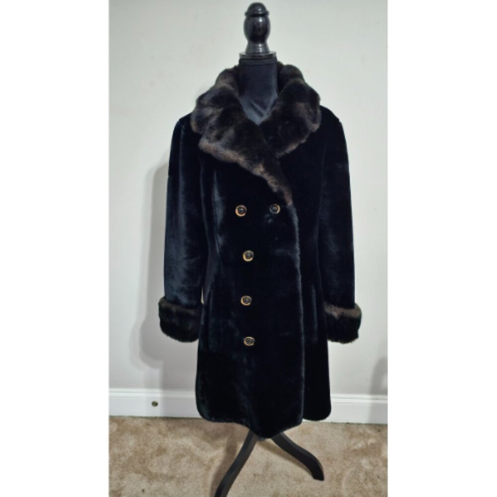 Vintage Borgazia Black Faux Fur Coat Womens M Luxury Statement Winter Jacket